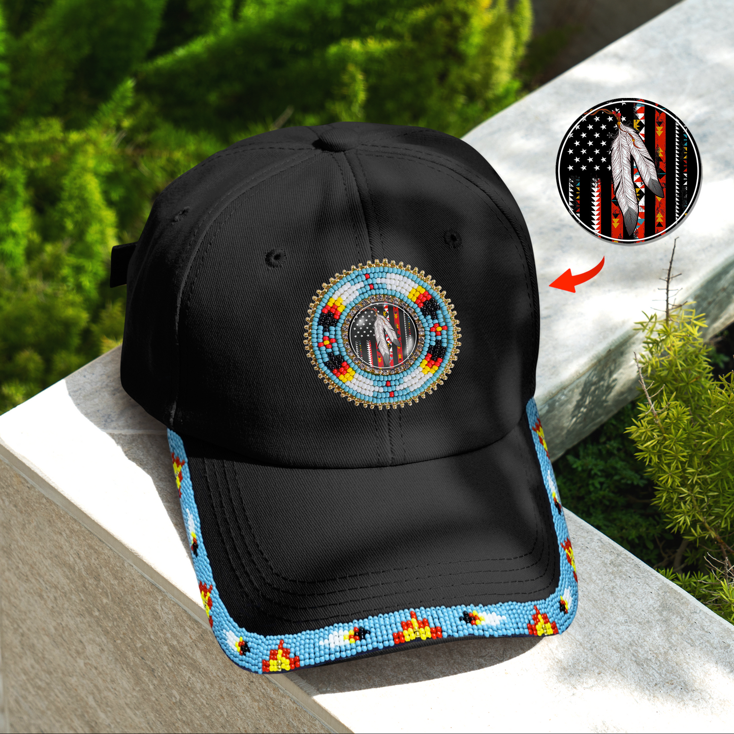 SALE 50% OFF - Flag Feather Baseball Cap With Patch And Brim Cotton Unisex Native American Style