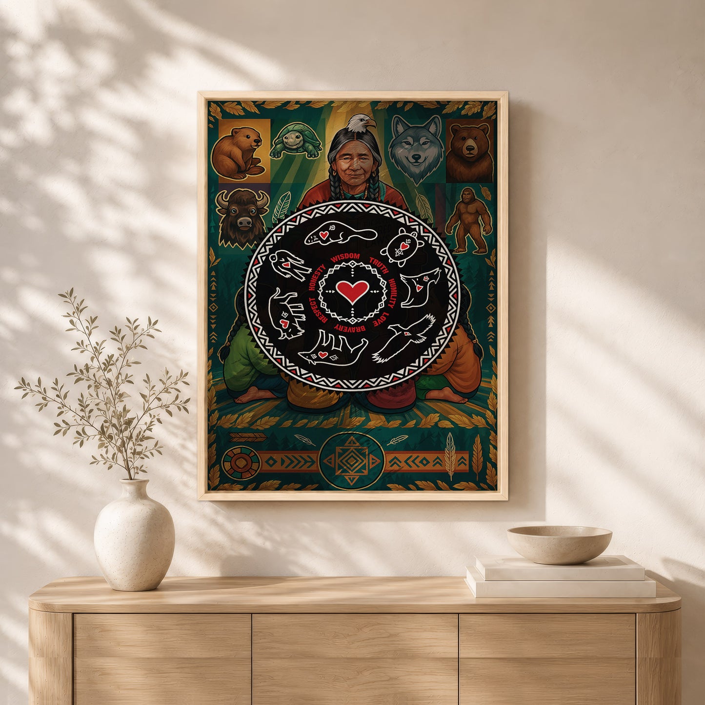 Seven Teachings Circle - Heart & Animal Symbols Poster/Canvas