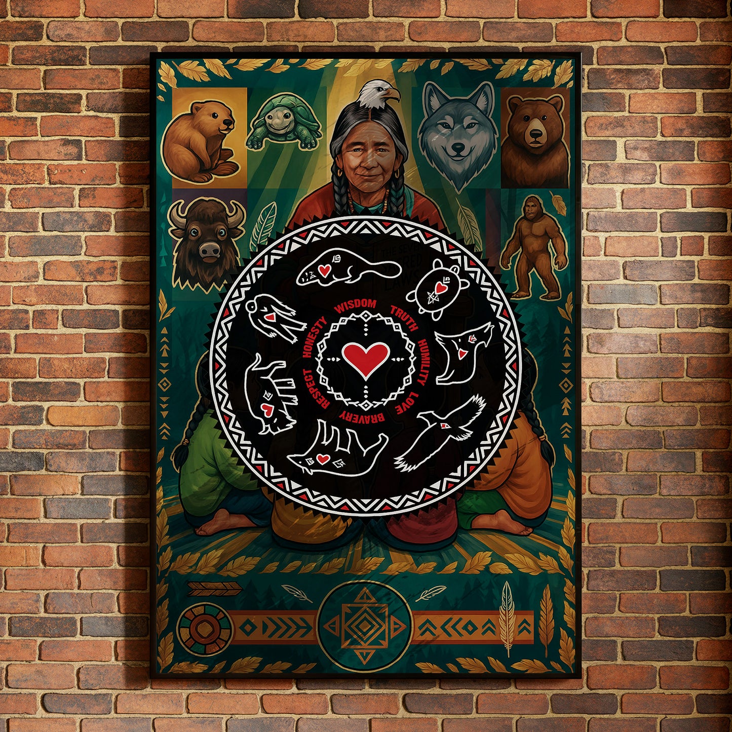 Seven Teachings Circle - Heart & Animal Symbols Poster/Canvas