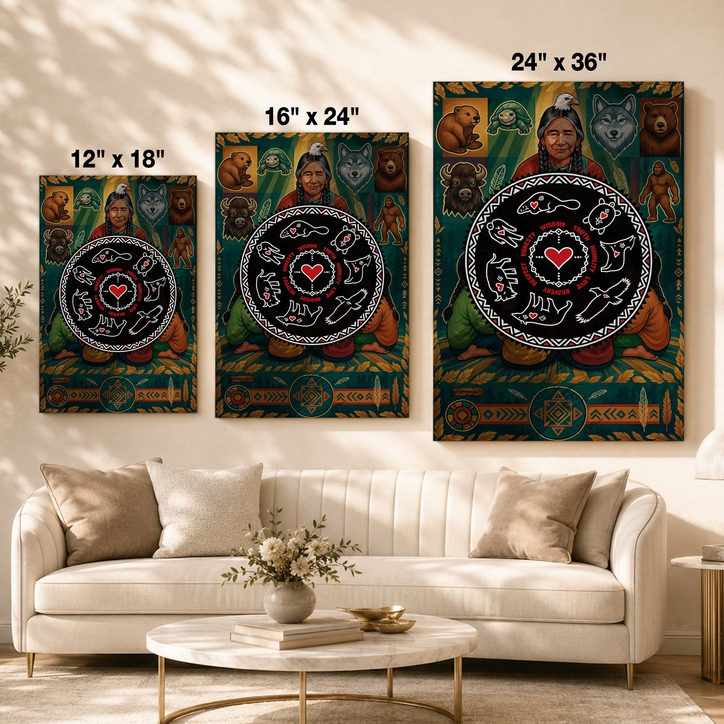 Seven Teachings Circle - Heart & Animal Symbols Poster/Canvas