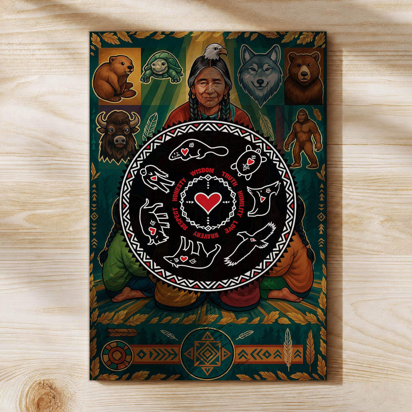 Seven Teachings Circle - Heart & Animal Symbols Poster/Canvas
