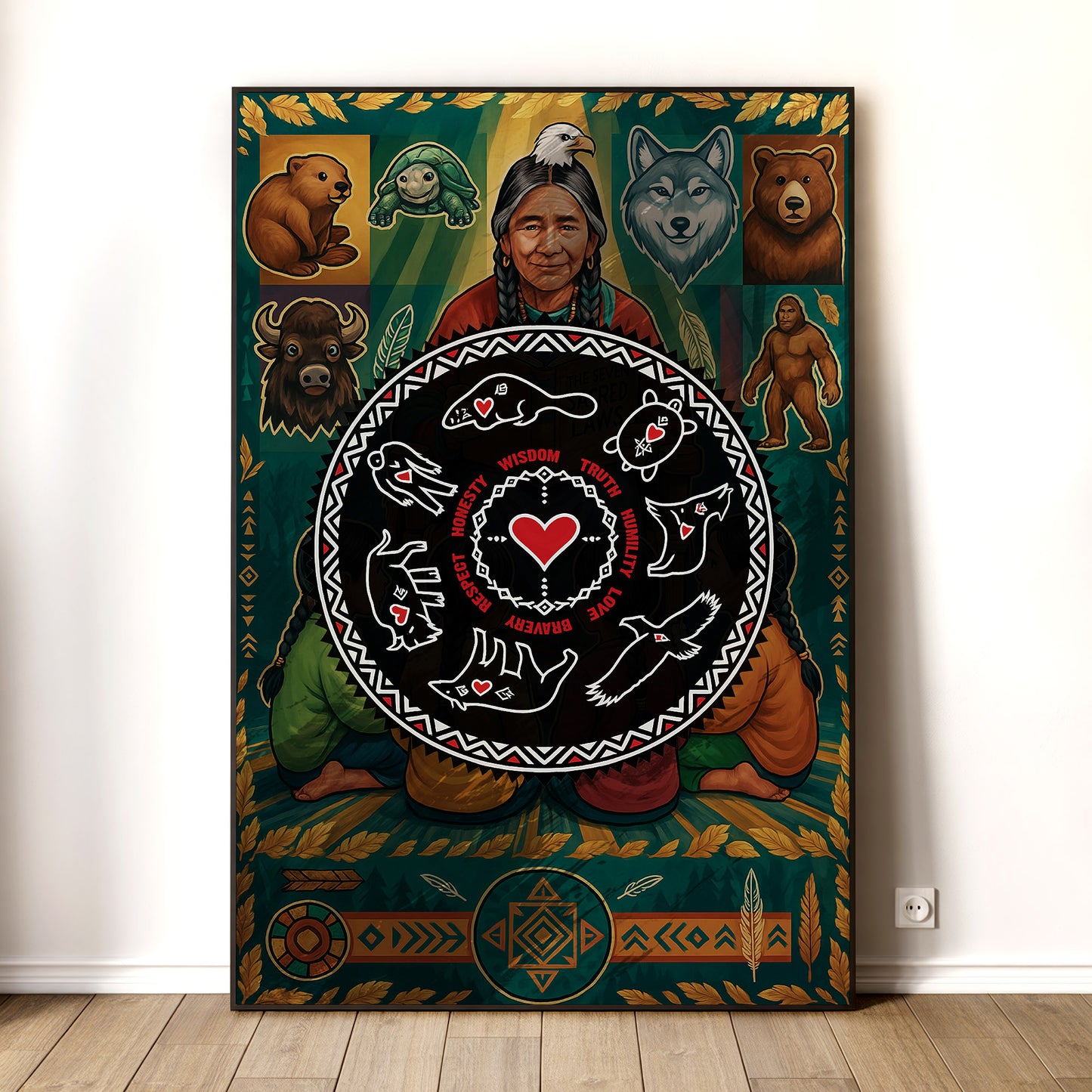 Seven Teachings Circle - Heart & Animal Symbols Poster/Canvas
