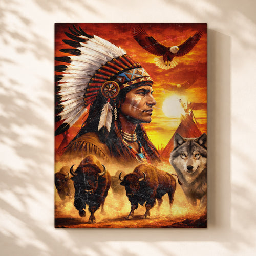 Native American Chief with Beautiful Sunset and Spirit Animal Wall Art Poster/Canvas
