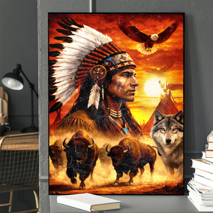 Native American Chief with Beautiful Sunset and Spirit Animal Wall Art Poster/Canvas