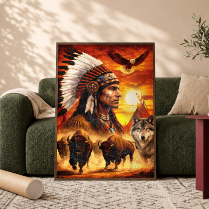Native American Chief with Beautiful Sunset and Spirit Animal Wall Art Poster/Canvas