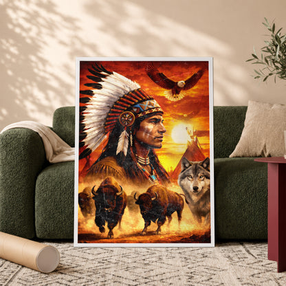Native American Chief with Beautiful Sunset and Spirit Animal Wall Art Poster/Canvas