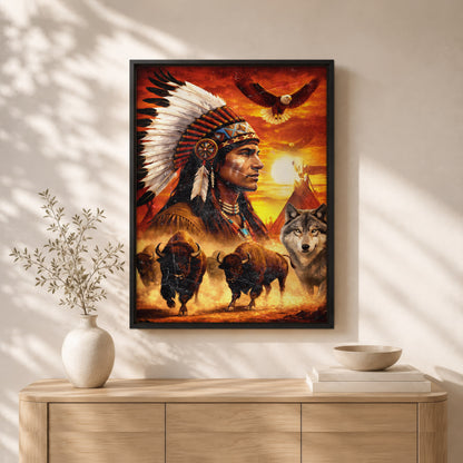 Native American Chief with Beautiful Sunset and Spirit Animal Wall Art Poster/Canvas