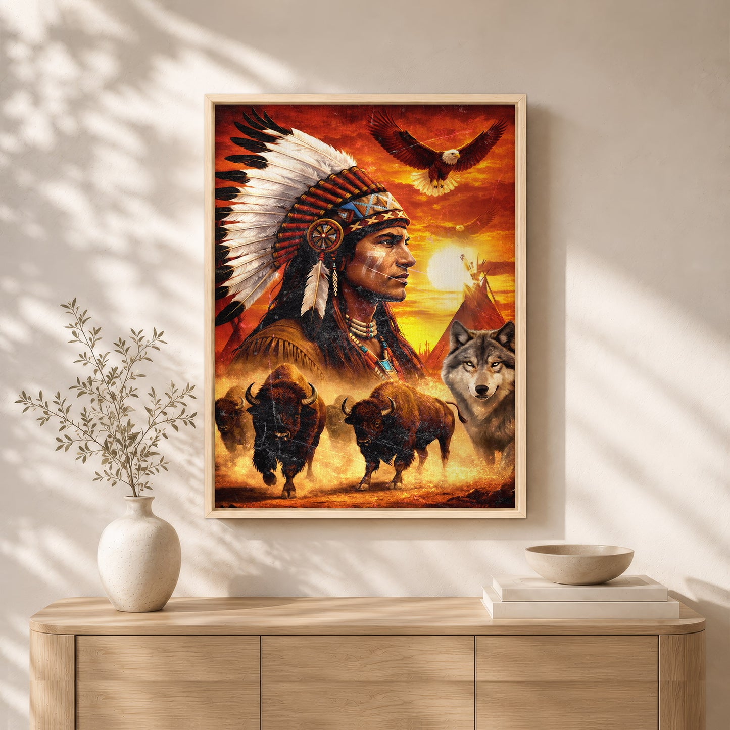 Native American Chief with Beautiful Sunset and Spirit Animal Wall Art Poster/Canvas