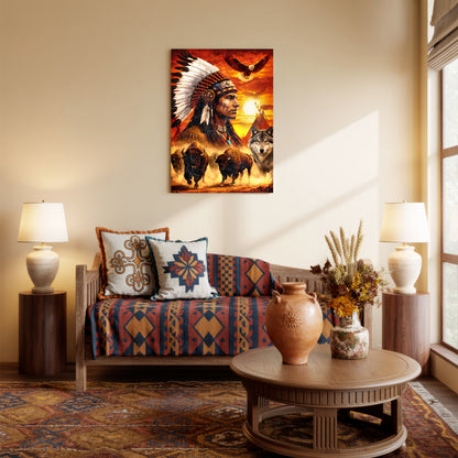 Native American Chief with Beautiful Sunset and Spirit Animal Wall Art Poster/Canvas