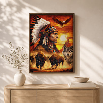 Native American Chief with Beautiful Sunset and Spirit Animal Wall Art Poster/Canvas