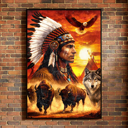 Native American Chief with Beautiful Sunset and Spirit Animal Wall Art Poster/Canvas