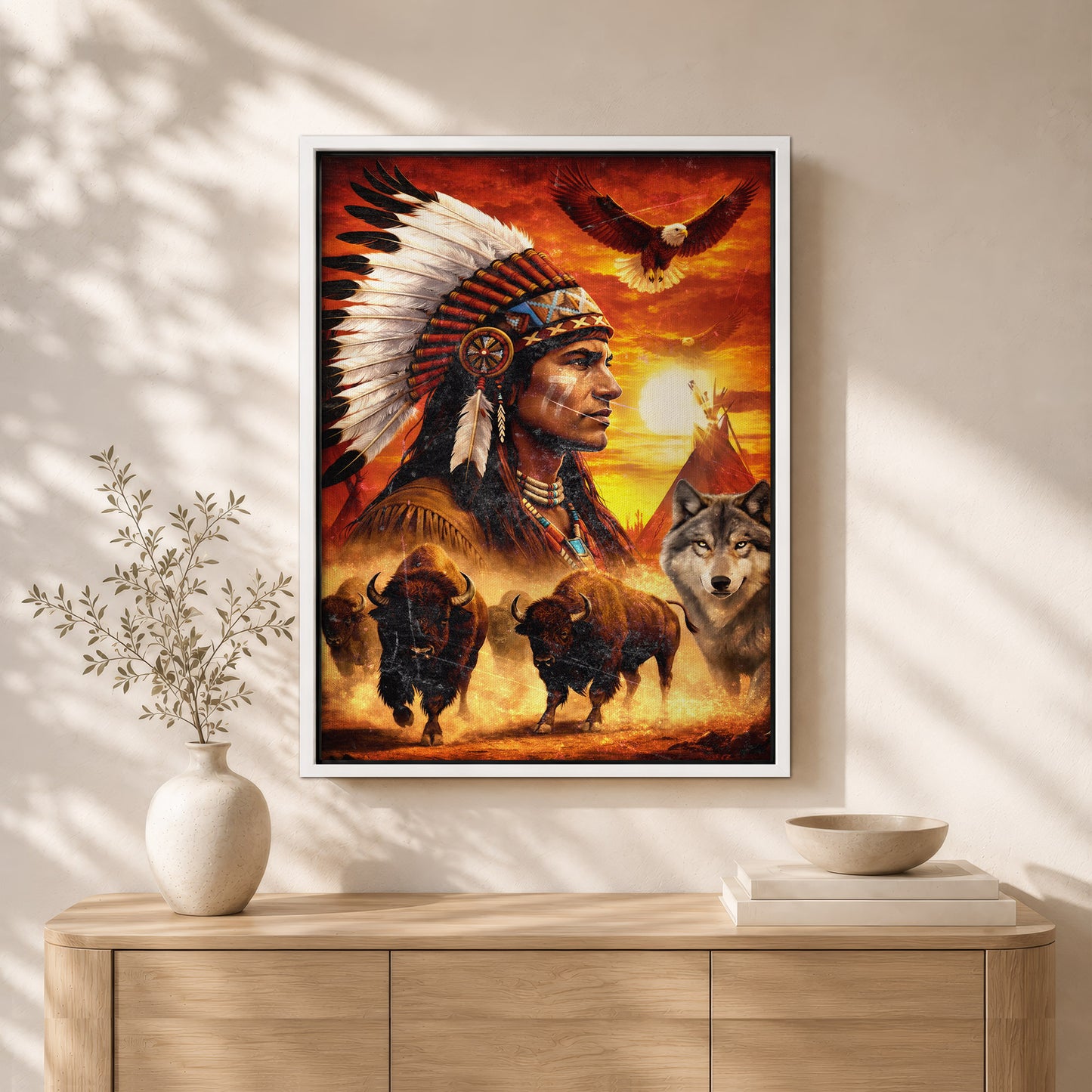 Native American Chief with Beautiful Sunset and Spirit Animal Wall Art Poster/Canvas