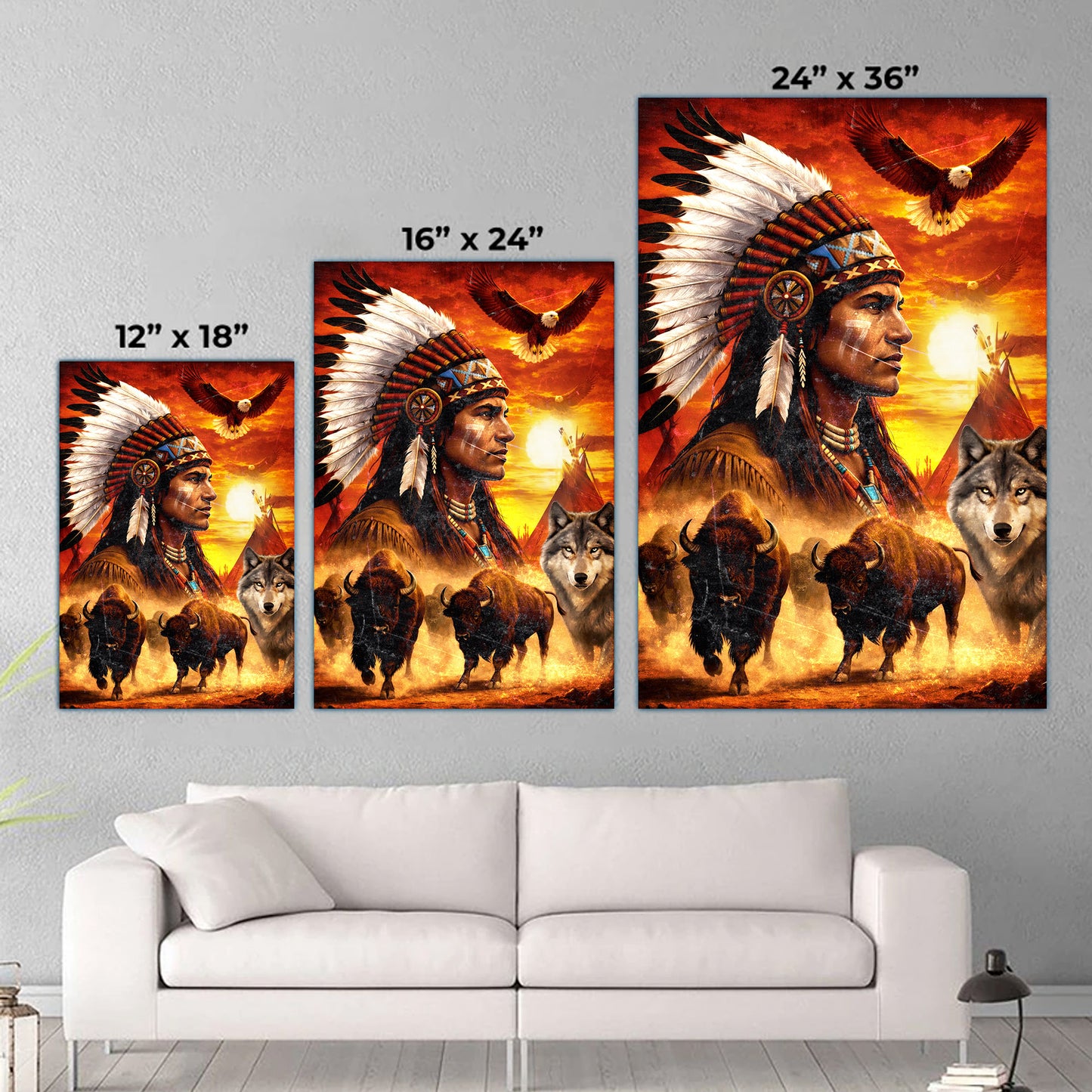 Native American Chief with Beautiful Sunset and Spirit Animal Wall Art Poster/Canvas