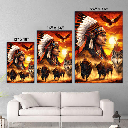 Native American Chief with Beautiful Sunset and Spirit Animal Wall Art Poster/Canvas