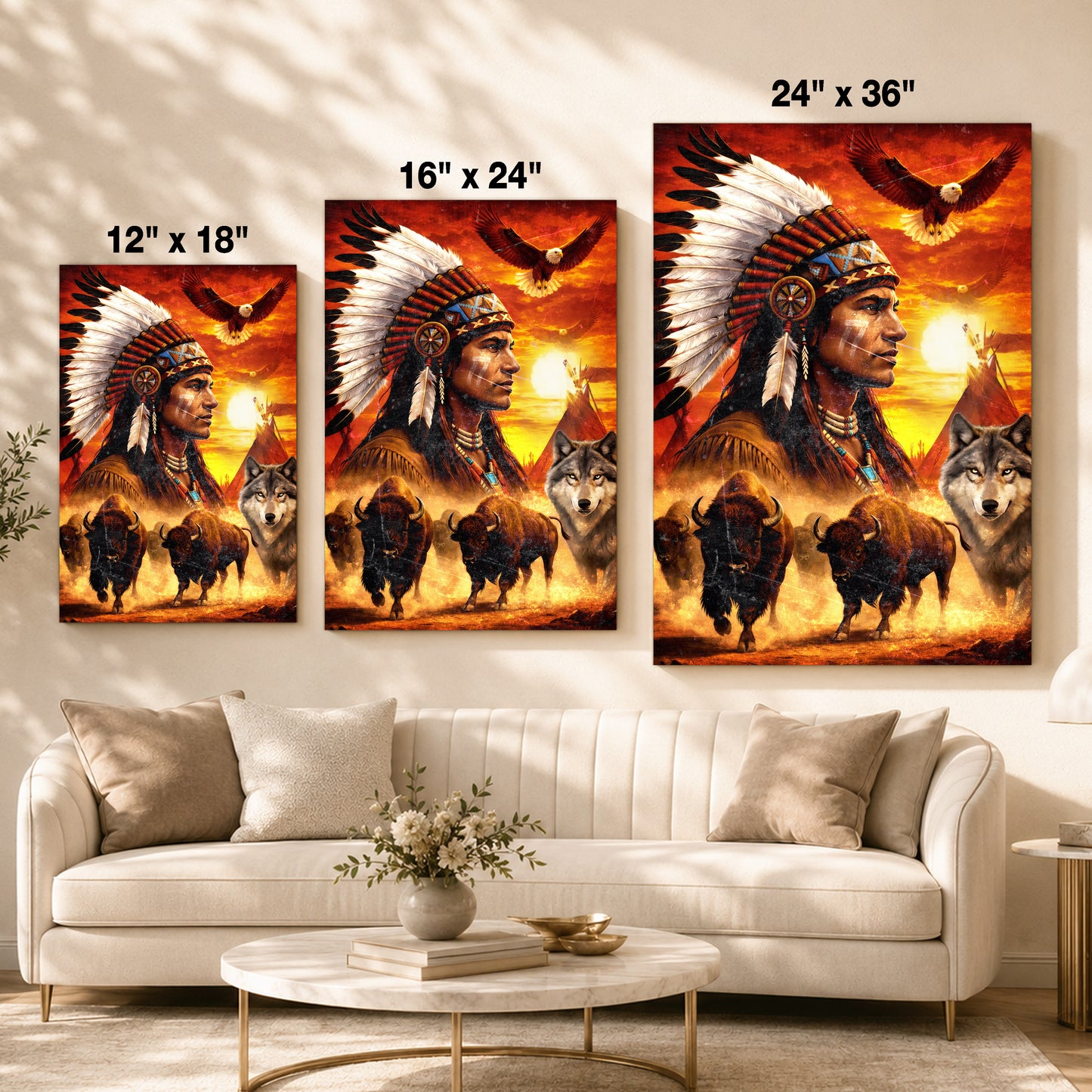 Native American Chief with Beautiful Sunset and Spirit Animal Wall Art Poster/Canvas