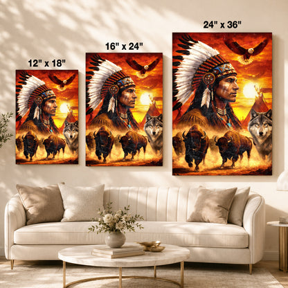 Native American Chief with Beautiful Sunset and Spirit Animal Wall Art Poster/Canvas