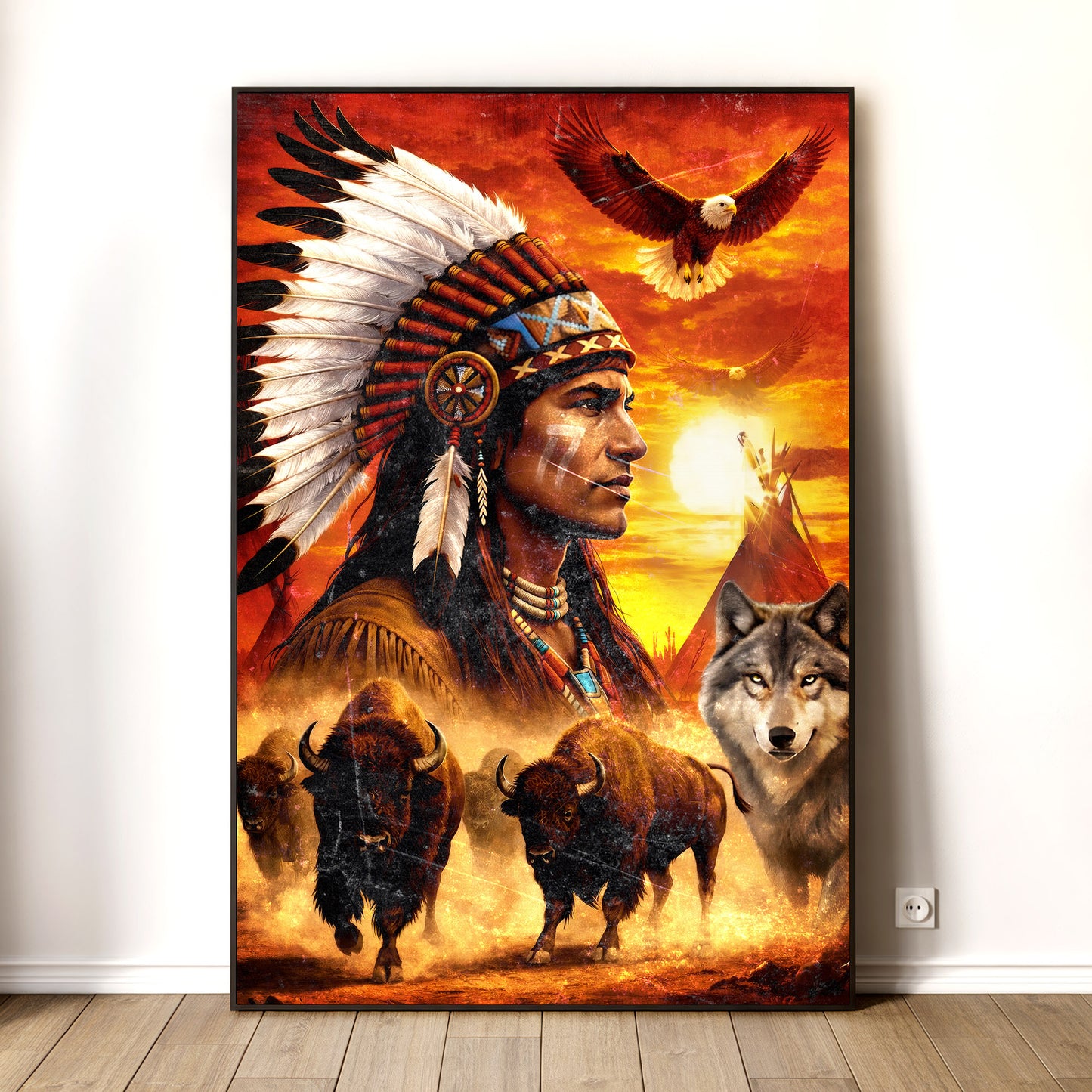 Native American Chief with Beautiful Sunset and Spirit Animal Wall Art Poster/Canvas