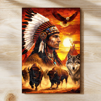 Native American Chief with Beautiful Sunset and Spirit Animal Wall Art Poster/Canvas