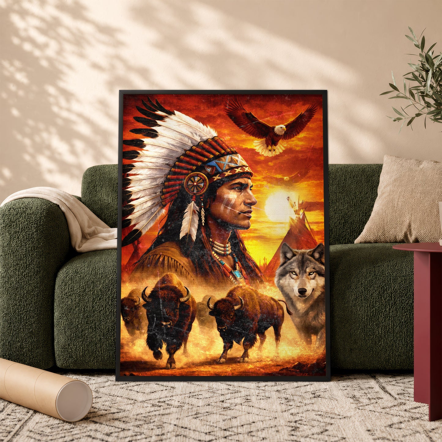 Native American Chief with Beautiful Sunset and Spirit Animal Wall Art Poster/Canvas