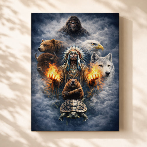 Native American Spirit Animal - Chief with The Seven Teachings Design for Poster/Canvas