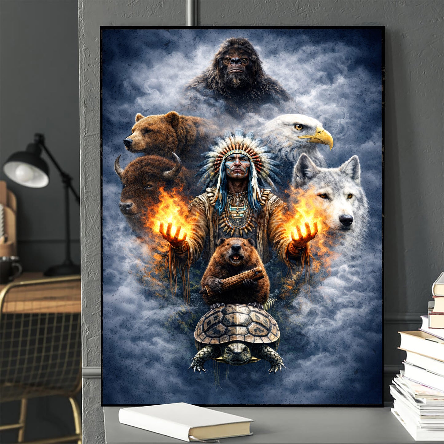 Native American Spirit Animal - Chief with The Seven Teachings Design for Poster/Canvas