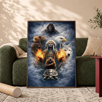 Native American Spirit Animal - Chief with The Seven Teachings Design for Poster/Canvas