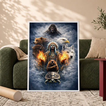 Native American Spirit Animal - Chief with The Seven Teachings Design for Poster/Canvas