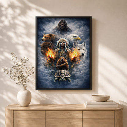 Native American Spirit Animal - Chief with The Seven Teachings Design for Poster/Canvas