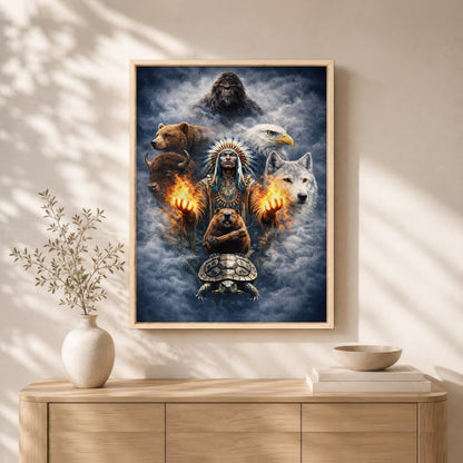 Native American Spirit Animal - Chief with The Seven Teachings Design for Poster/Canvas
