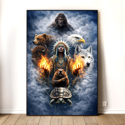 Native American Spirit Animal - Chief with The Seven Teachings Design for Poster/Canvas