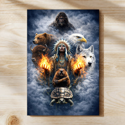 Native American Spirit Animal - Chief with The Seven Teachings Design for Poster/Canvas