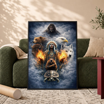 Native American Spirit Animal - Chief with The Seven Teachings Design for Poster/Canvas