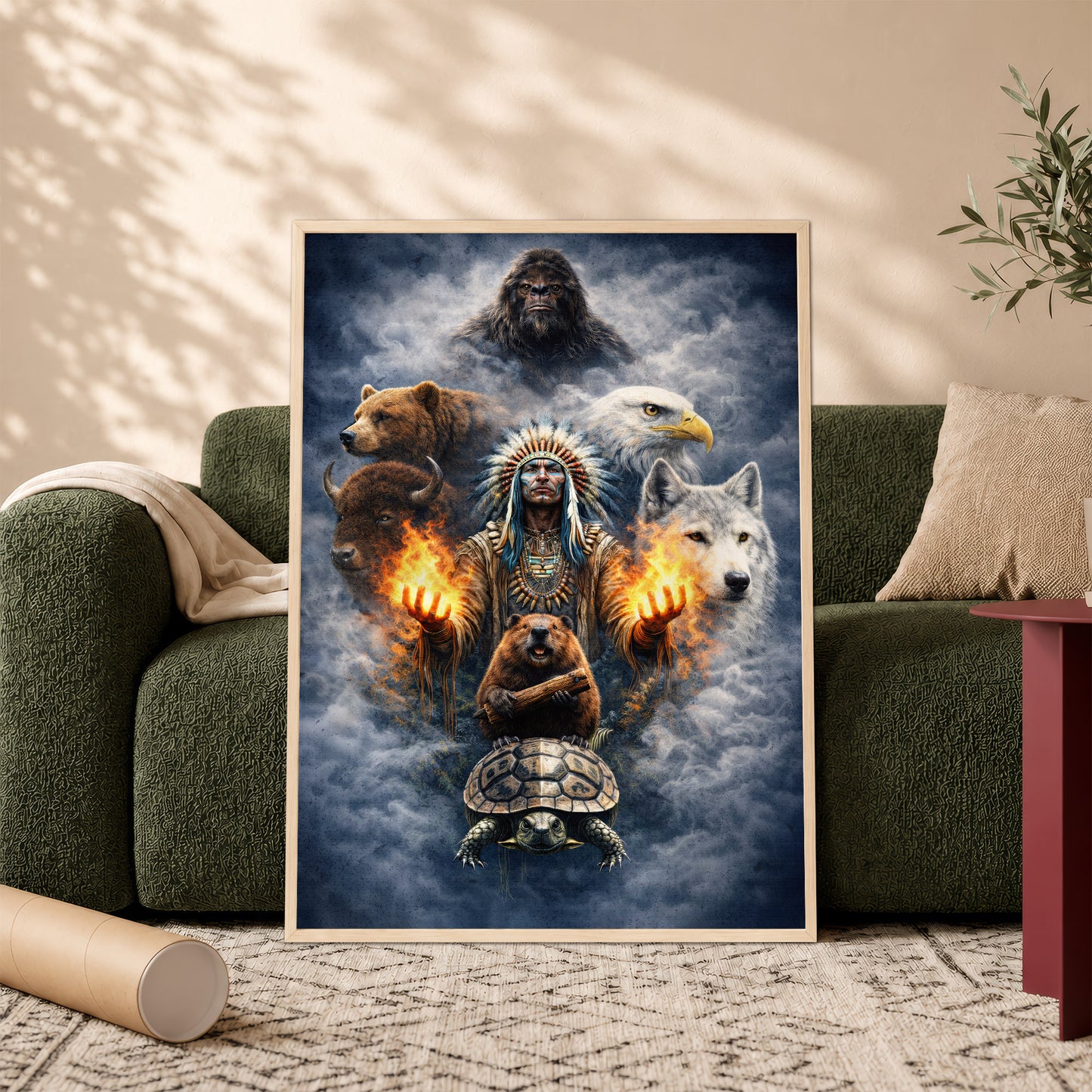 Native American Spirit Animal - Chief with The Seven Teachings Design for Poster/Canvas