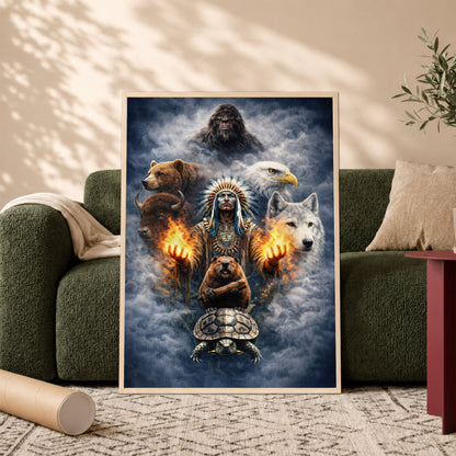 Native American Spirit Animal - Chief with The Seven Teachings Design for Poster/Canvas