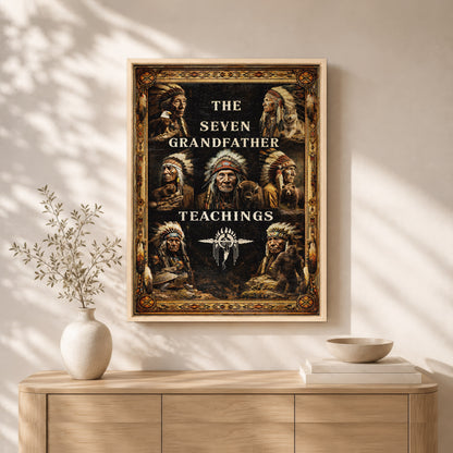 The Seven Grandfather Teachings - Native American Chiefs and Spirit Animal Design for Poster/Canvas