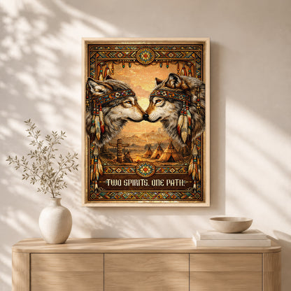 Native American Inspired Wolf Art - "Two Spirits, One Path" Couple for Poster/Canvas
