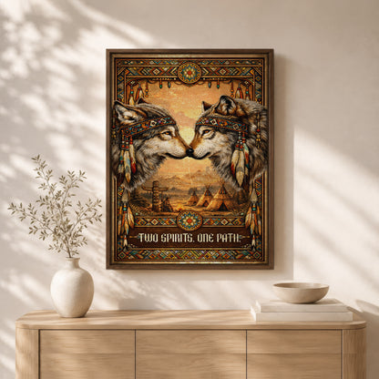 Native American Inspired Wolf Art - "Two Spirits, One Path" Couple for Poster/Canvas