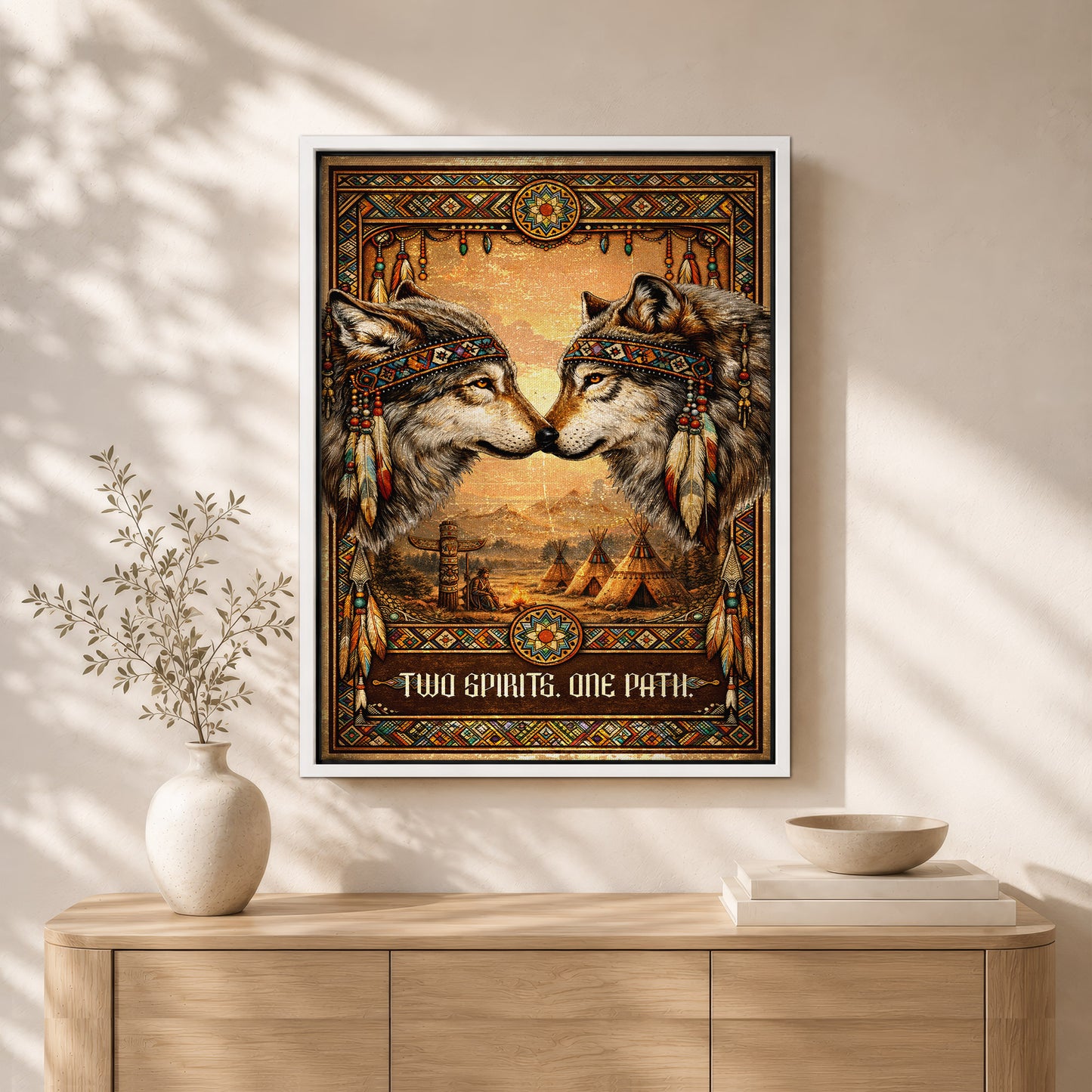 Native American Inspired Wolf Art - "Two Spirits, One Path" Couple for Poster/Canvas