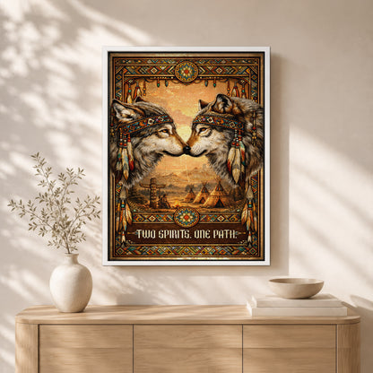 Native American Inspired Wolf Art - "Two Spirits, One Path" Couple for Poster/Canvas
