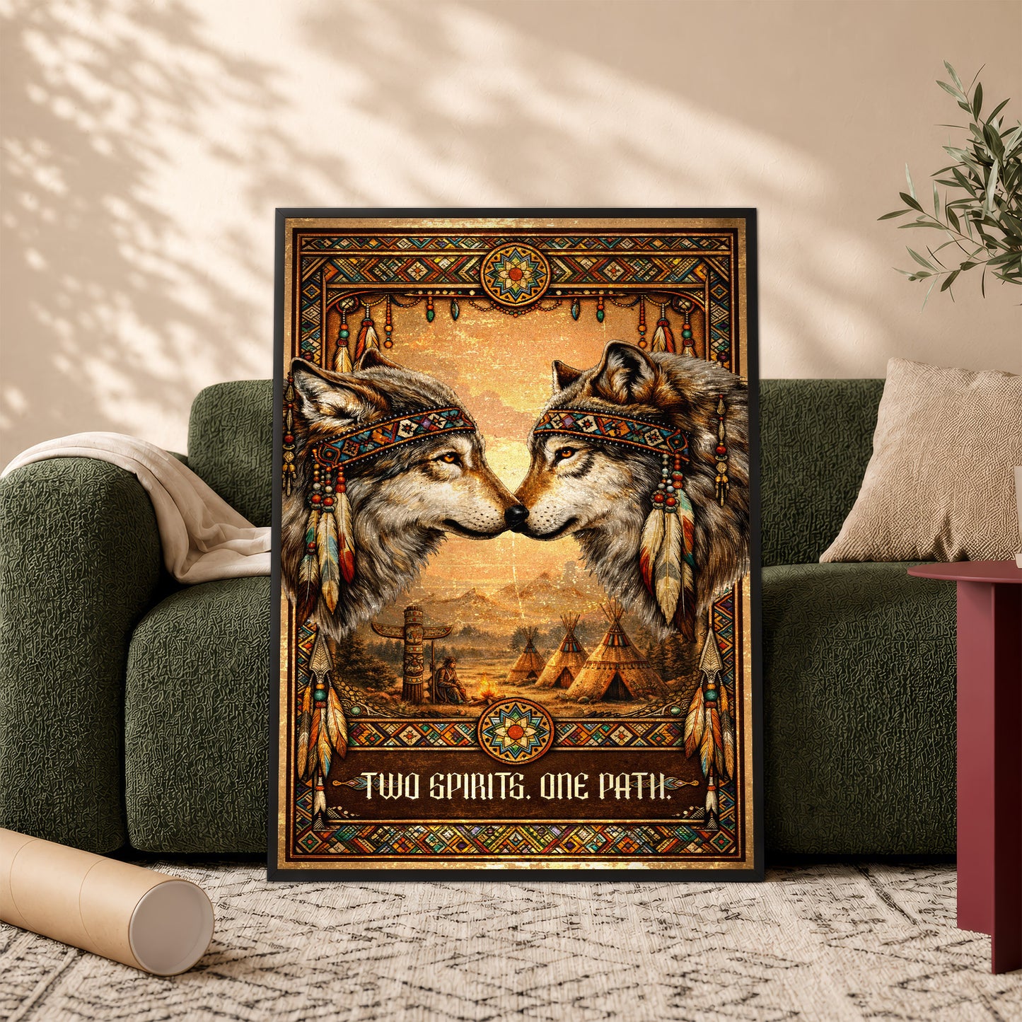 Native American Inspired Wolf Art - "Two Spirits, One Path" Couple for Poster/Canvas