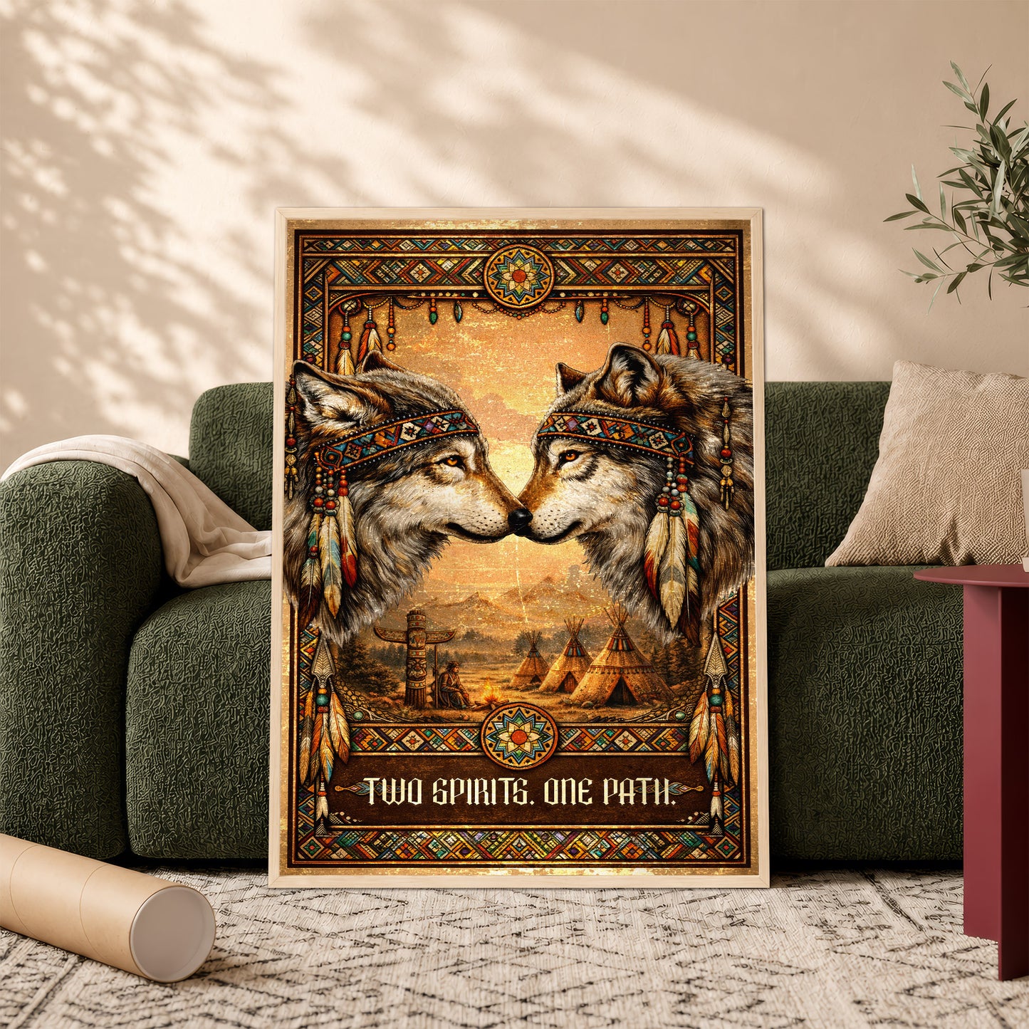 Native American Inspired Wolf Art - "Two Spirits, One Path" Couple for Poster/Canvas