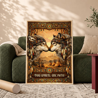 Native American Inspired Wolf Art - "Two Spirits, One Path" Couple for Poster/Canvas