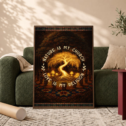 "Nature Is My Church, Love Is My Religion" - Mystical Glowing Tree Design For Poster/Canvas