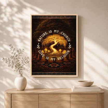 "Nature Is My Church, Love Is My Religion" - Mystical Glowing Tree Design For Poster/Canvas