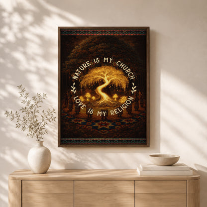 "Nature Is My Church, Love Is My Religion" - Mystical Glowing Tree Design For Poster/Canvas