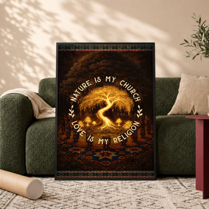 "Nature Is My Church, Love Is My Religion" - Mystical Glowing Tree Design For Poster/Canvas