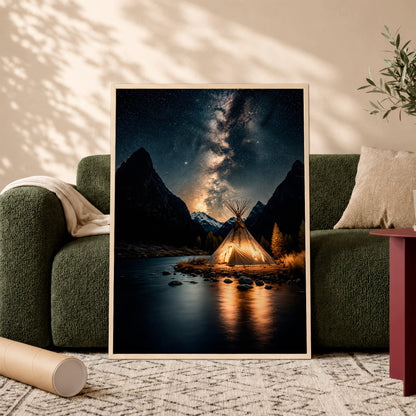 Sacred Tipi Under the Stars Canvas Wall Art – Native American Night Landscape