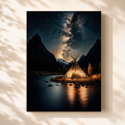 Sacred Tipi Under the Stars Canvas Wall Art – Native American Night Landscape