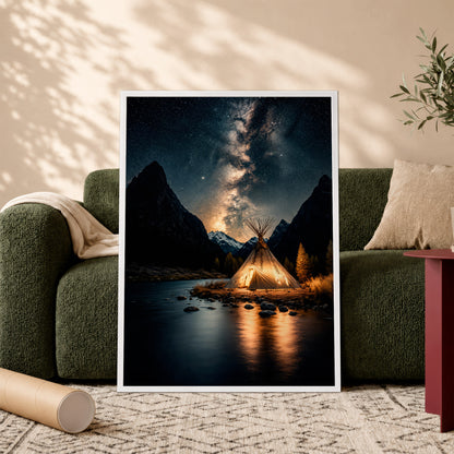 Sacred Tipi Under the Stars Canvas Wall Art – Native American Night Landscape