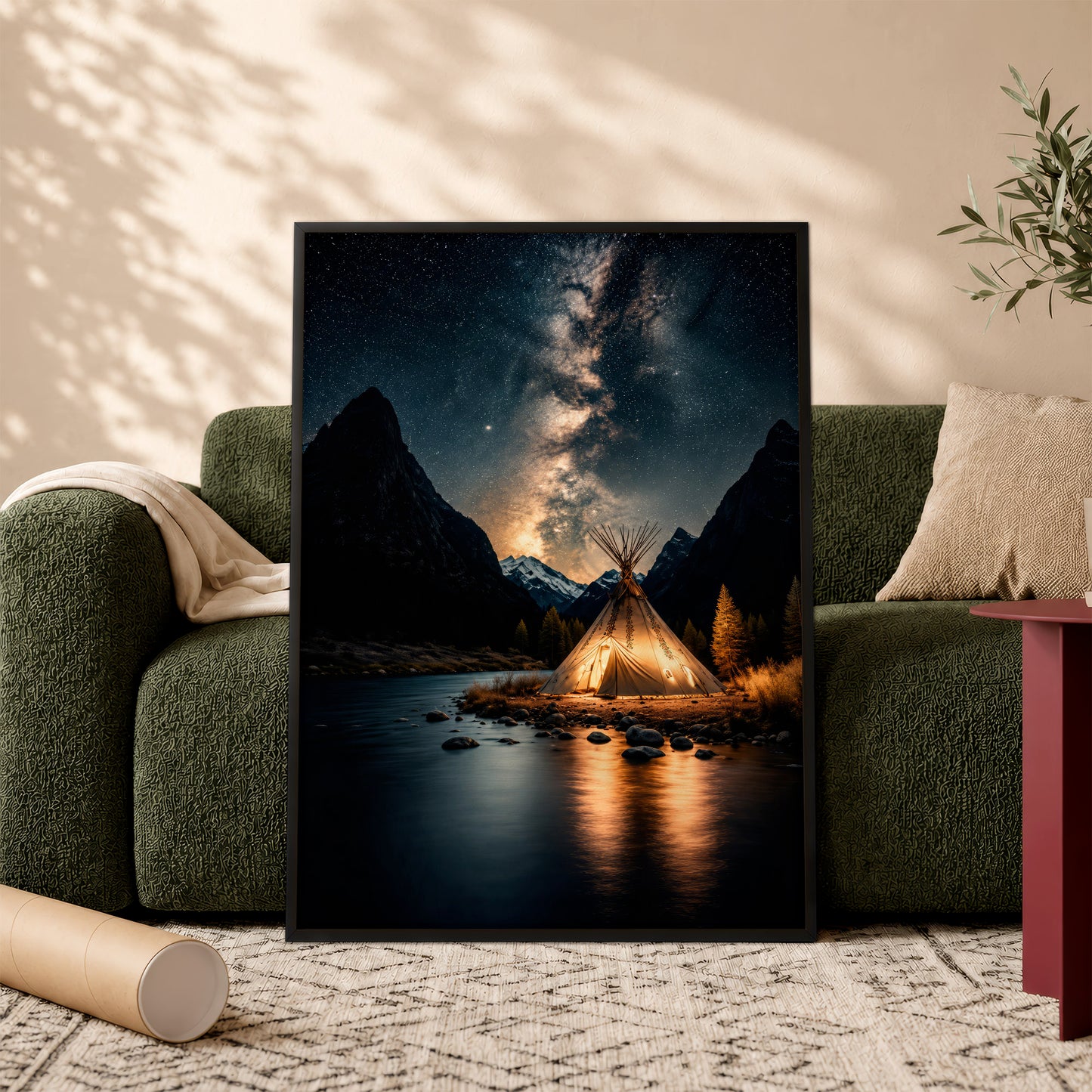 Sacred Tipi Under the Stars Canvas Wall Art – Native American Night Landscape